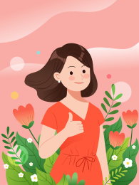 一名女性在花丛中竖起大拇指