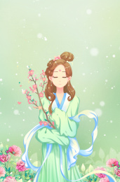 古装美女拿着一枝桃花，站在花丛中