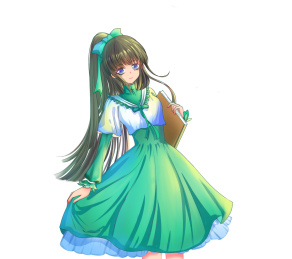 拿着书穿着绿色裙子的马尾辫少女，动漫人物
