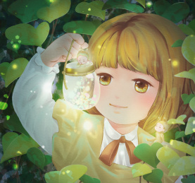 夏夜捕捉萤火虫的少女