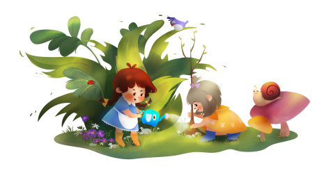 春天种植树木浇花草插画