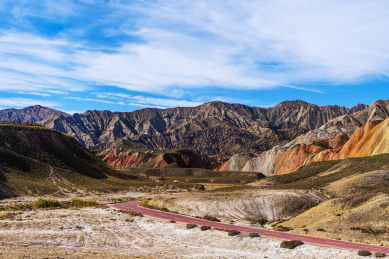 秋季蓝天下的甘肃张掖七彩丹霞地貌群