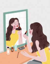 一个女孩在镜子前面化妆涂口红打扮扁平插画