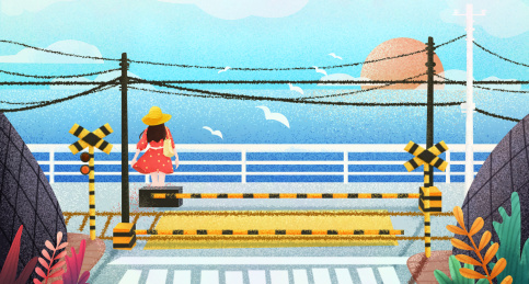 小女孩在海边度假看日出