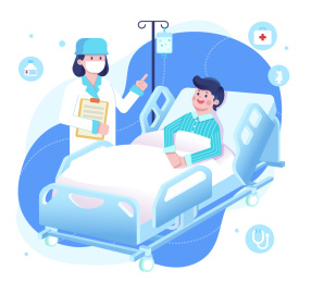 躺在病床的病人和女医生矢量插画