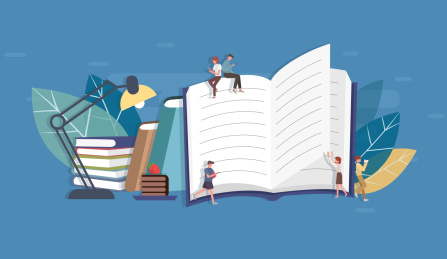 小人在一摞书打开的书上阅读