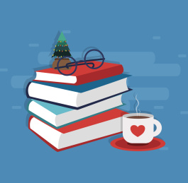 一摞书上的眼镜盒前面的咖啡杯