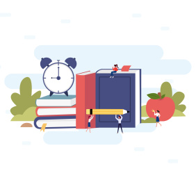 许多小人在书和闹钟苹果前面