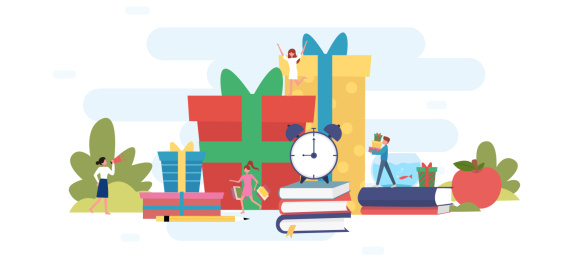 许多小人在礼物盒前的书上