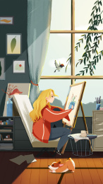 春天在窗户边绘画的小女孩