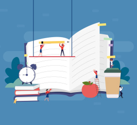 许多小人在打开的书和闹钟苹果上面