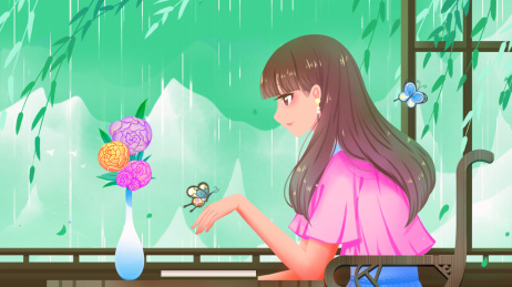 坐在窗边的少女用手触碰从窗外飞来躲雨蝴蝶