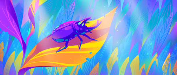 阳光下彩色叶子和独角仙的春天插画