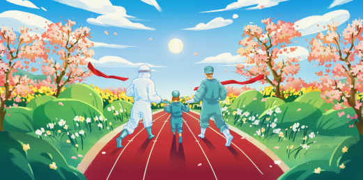 春天的阳光下医生护士带着病人赛跑