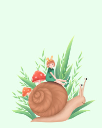 小女孩坐在蜗牛背上的春天节气插画