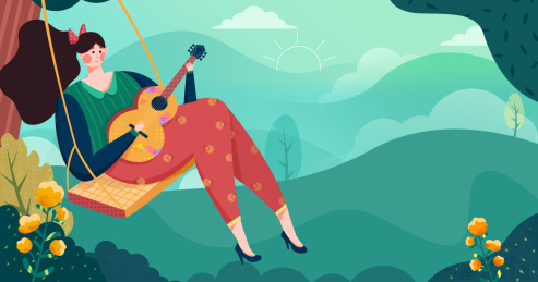 女孩坐秋千在森林唱歌