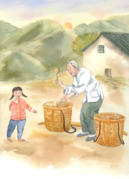 小女孩看着卖糖人的老爷爷