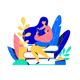 坐在书上在草丛中看书的女孩矢量插画