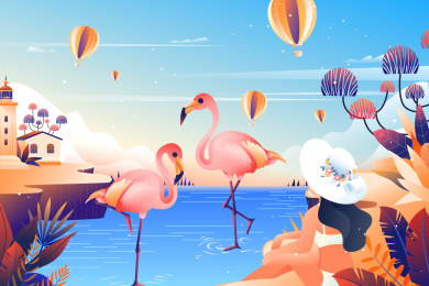 夏季火烈鸟和女孩矢量插画