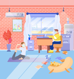 情侣在家休养戴口罩远程办公和练瑜伽健身