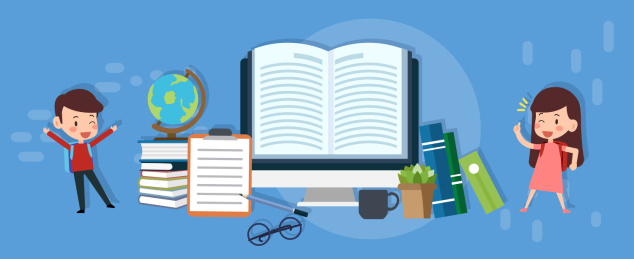 一男孩和一个女孩在书本电脑左右