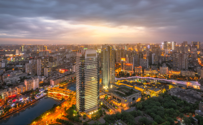 四川省成都市安顺廊桥周边建筑夜景航拍
