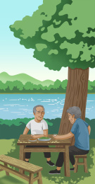 夏天河边乘凉的老人