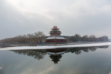 雪后有倒影的故宫角楼