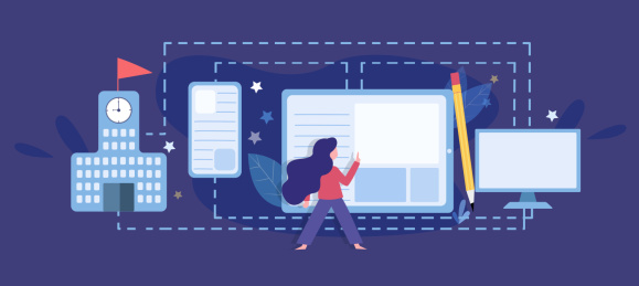 一个女孩在平板电脑和手机前