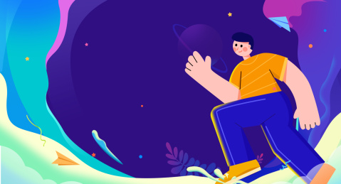 男孩在梦幻星球跑步