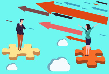 蓝色背景上箭头组合商务人士寻求对接