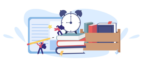 两个小人在书本闹钟上