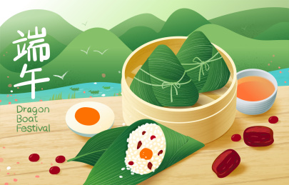 端午节粽子摆放在木纹桌子上