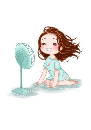 夏天在电风扇前吹风的小女孩