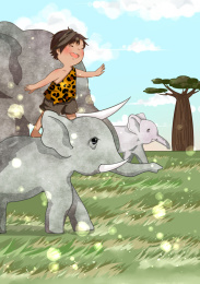 小男孩和大象在草原上玩耍