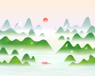 国风山水日出白鹭渔翁的插画