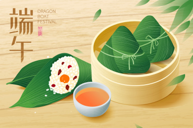 端午节粽子摆放在木纹桌子上