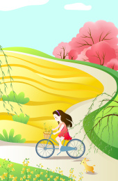 春天油菜花盛开的田园女孩骑自行车郊游