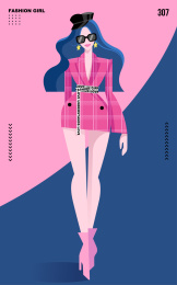 戴着墨镜走秀的长发时尚女孩