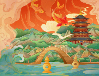 杭州西湖雷峰塔中国风原创插画