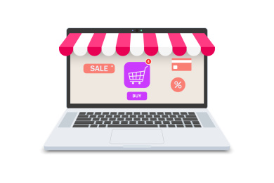 在线购物的概念，打开的笔记本和商店