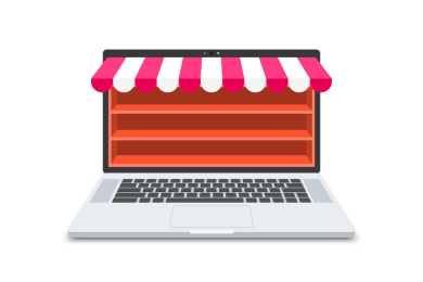 在线购物和网购概念，笔记本电脑和商店货架