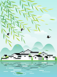 春天柳叶湖水和村庄