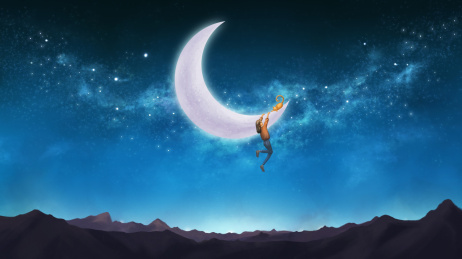 夜晚挂在月亮上的女孩超现实插画