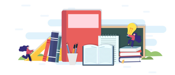 331两个小人在书本记事本黑板前面