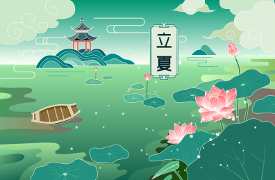 立夏节气荷花开，中国风江南庭院荷塘插图