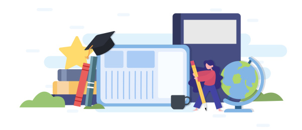 一个女孩小人在书本地球仪博士帽前面