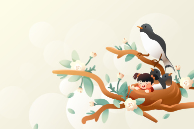 小女孩和鸟矢量插画