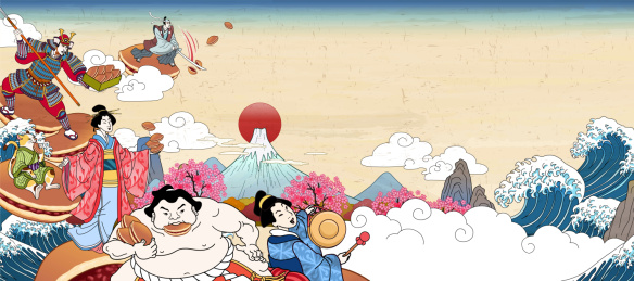 浮世绘风铜锣烧人物与富士山背景插画