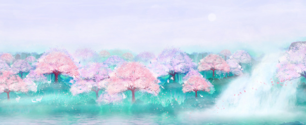 早晨森林里的桃花林盛开着花朵插画